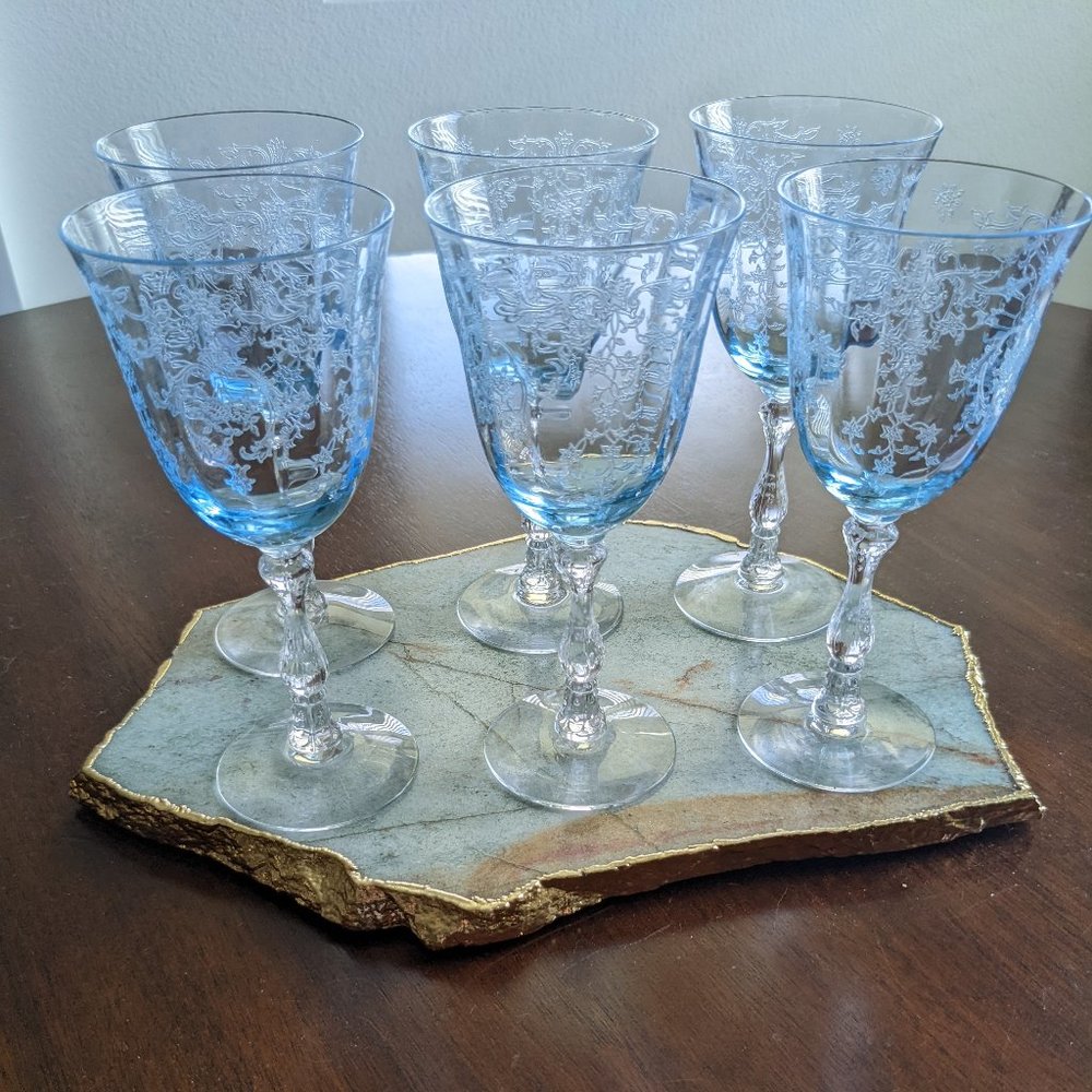 Vintage Fostoria Navarre Azure Large Claret Wine Glasses Set of Six (6)